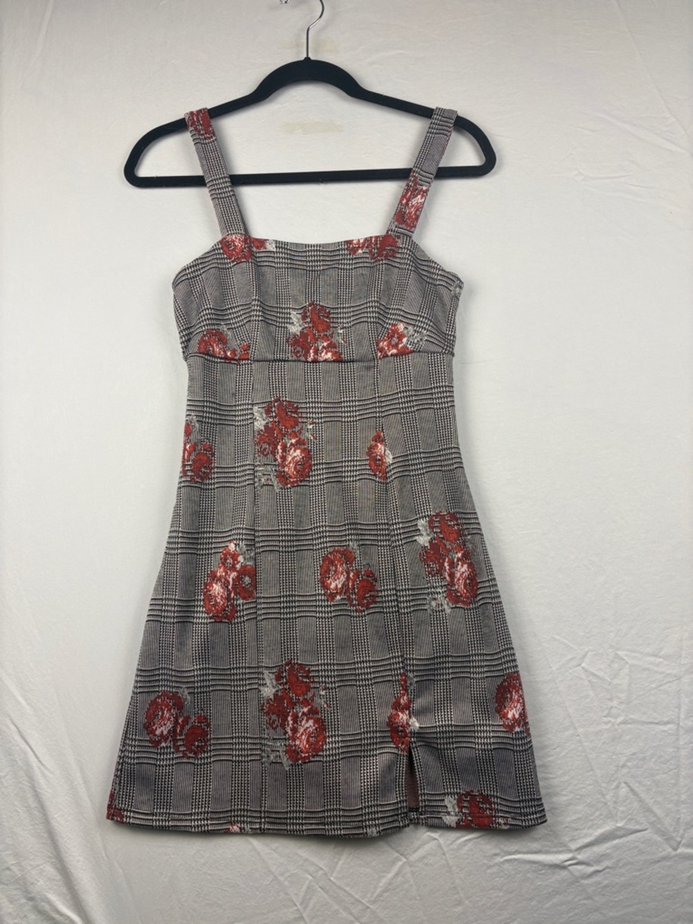 Francesca’s XS Plaid Floral Dress Mini Sleeveless A-Line Red Roses Square Neck